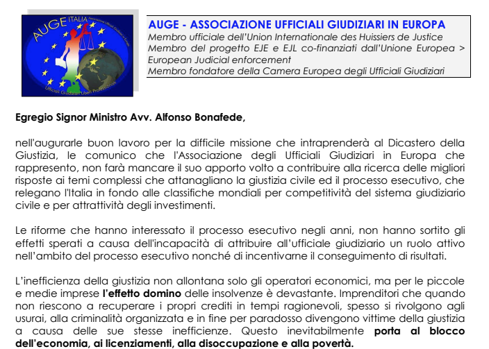 Lettera del Presidente Arcangelo D’Aurora al neo Ministro della Giustizia Alfonso Bonafede