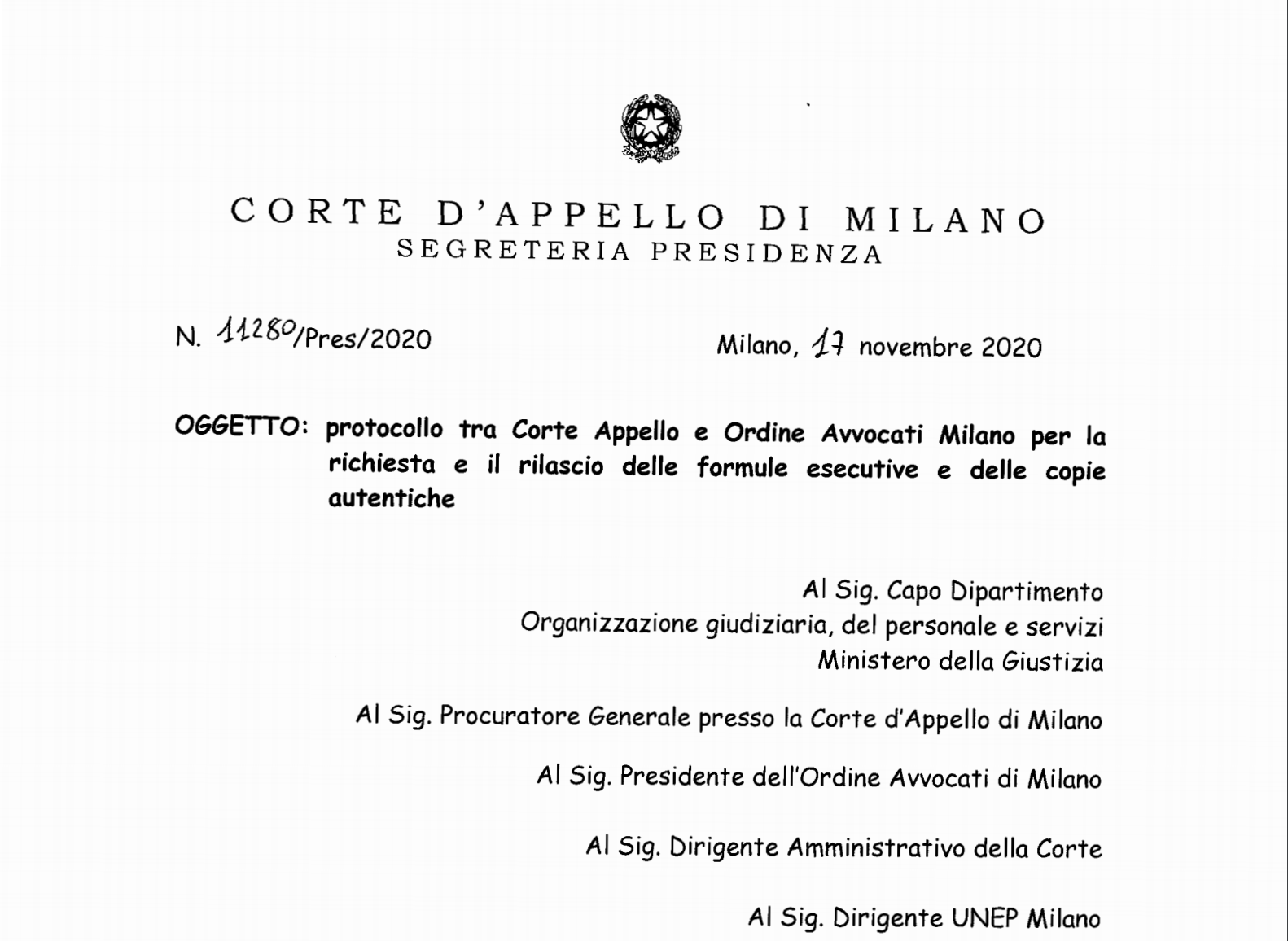 Protocollo del Tribunale di Milano per la richiesta ed il rilascio della formula esecutiva telematica